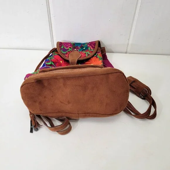 Handcrafted Floral Embroidered Cotton & Faux Suede Backpack - Picture 6 of 9